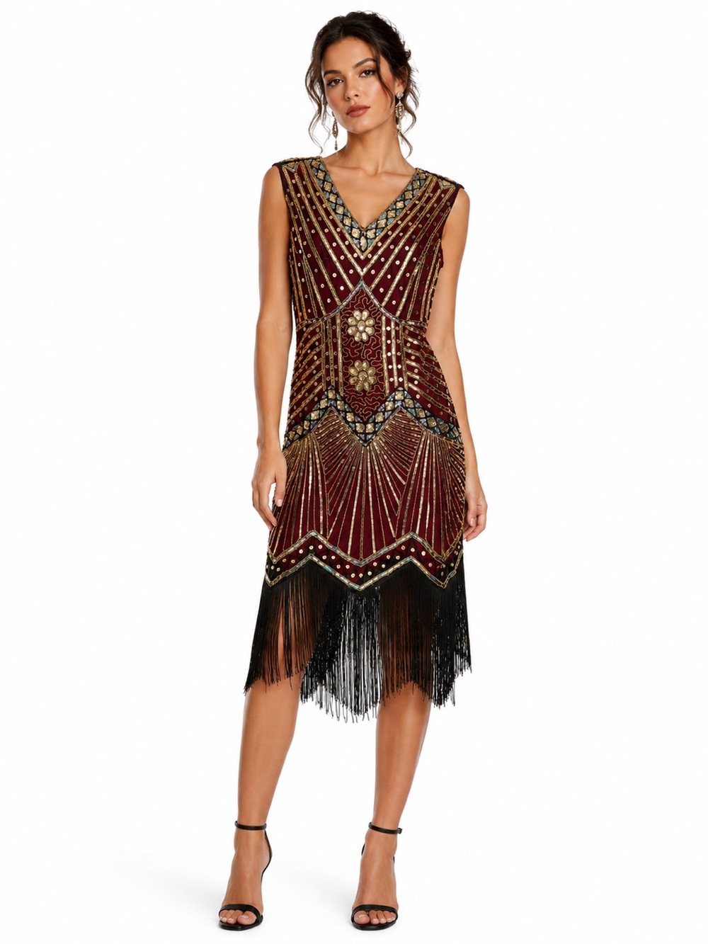 Vintage-Inspired Burgundy Beaded Fringe Dress